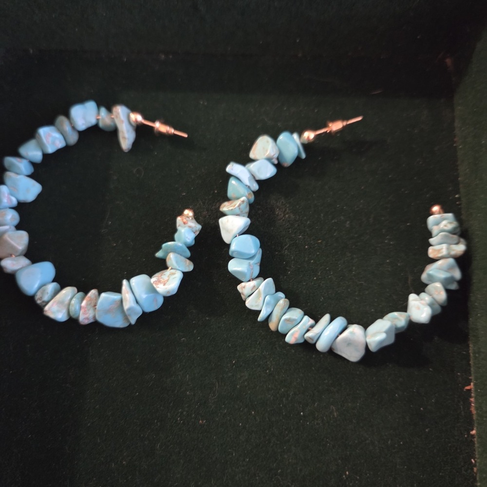 Turquoise Gemstone Chip Hoop Earrings Gold Tone Western Boho Cowgirl Large